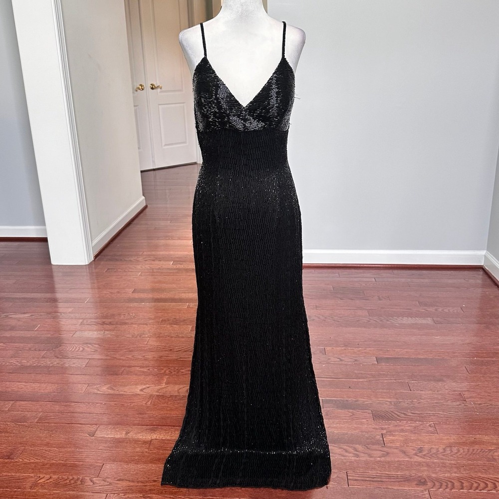 Vintage Y2K Cache Fully‎ Beaded Black Formal Luxury Strappy Open Back Gown Dress